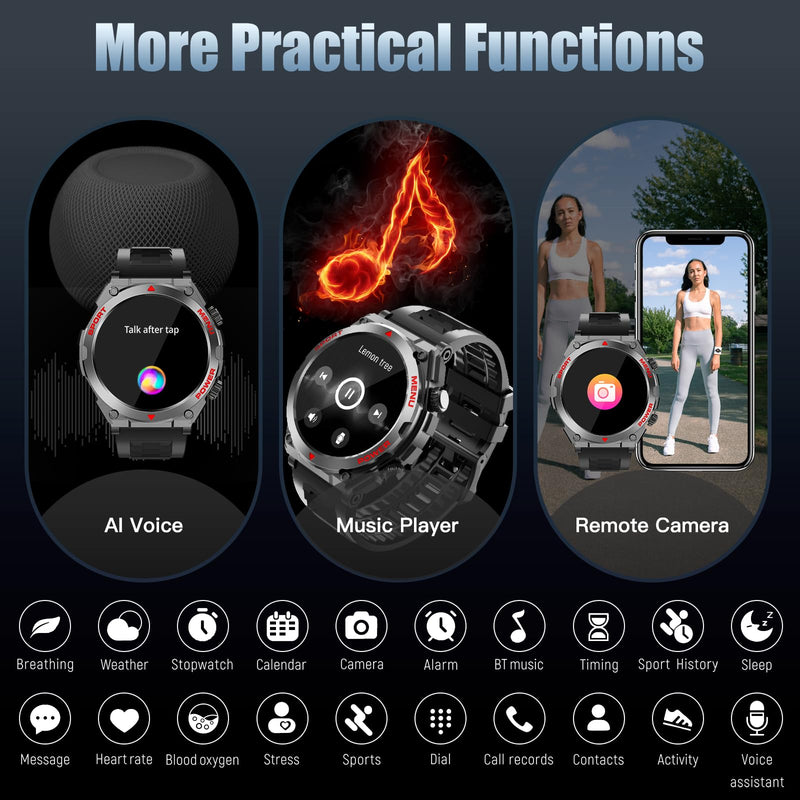 Military Smart Watch, 1.52-Inch Touch Screen Tactical Smartwatch with Text and Call, Heart Rate, Blood Oxygen