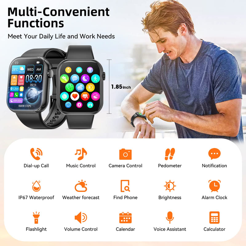 Smart Watch (Answer/Make Calls), 2024 Newest 1.85 Inch Fitness Tracker, Heart Rate/Sleep Monitor/Pedometer/Calories, Multiple Sports Modes